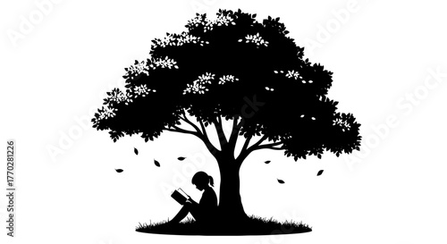 Silhouette of a Young Woman Reading a Book Under a Tree: Peaceful Moment in Nature, Education Concept for Children's Literature, Promoting Relaxation, Learning, and Tranquility in a Beautiful Outdoor