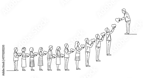 Teamwork Collaboration and Support: A Line of People Passing Hearts Up a Rising Path, Symbolizing Success and Growth,  A Vector Illustration for Business and  Healthcare Concepts, Ideal for Presentati