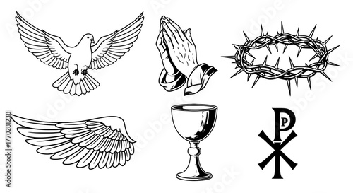 Sacred Symbols Assemblage: Christian Faith Elements Depicting Spirituality and Worship - Dove in Flight, Praying Hands, Crown of Thorns, Communion Chalice, Chi Rho - Religious Iconography for Church D