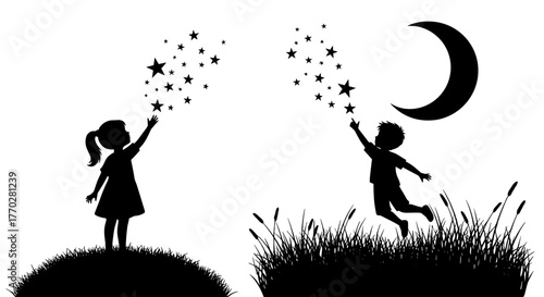 Silhouette Children Reaching for Stars and Moon in Dreamy Night Landscape - Kids Imagination and Wonder, Fantasy World Illustration for Education, Healthcare, and Children's Literature, Vector Design