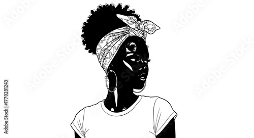 Confident Black Woman with Afro and Headwrap Looking Away in Thoughtful Pose in Studio Setting, Expressing Individuality and Empowerment for Fashion, Beauty, and Lifestyle Marketing (Illustration, Gra