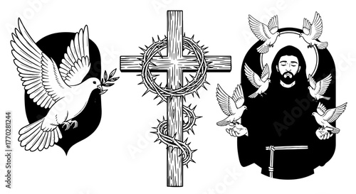 Christian Holy Spirit Imagery Featuring Jesus Christ, Cross of Thorns, and Dove of Peace: Religious Symbolism, Sacred Art Depicting Faith, Spirituality, and Redemption for Church Presentations, Educat