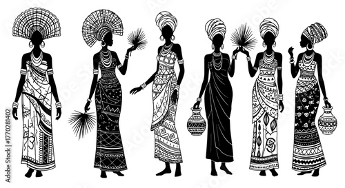 Elegant African Women in Traditional Dress Celebrating Heritage: Black and White Silhouette Art for Cultural Presentations, Fashion Designs, and Historical Projects Featuring Tribal Attire, Vintage St