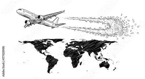 Global Air Travel Disruption Concept: Commercial Airplane Descending Over a Hatch Shaded World Map with Shattered Vapor Trails, Representing International Tourism, Business, and the Future of Worldwid