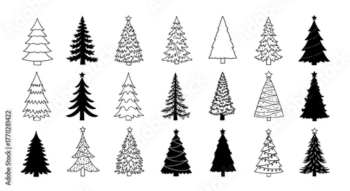 Collection of Varied Christmas Trees for Festive Designs: Holiday Season Illustrations for Print, Web, and Marketing Materials, Black and White Evergreen Tree Silhouettes for Christmas Card, Holiday D