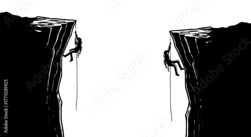 Rock Climbers Rappelling on Steep Cliffs: Adventure Seekers Descending on Ropes in a Dramatic Landscape for Extreme Sports Enthusiasts and Thrill-Seekers, Graphic Illustration for Presentations, Teamw