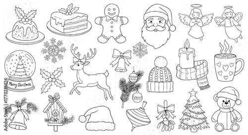 Festive Christmas Line Art Elements: A Collection of Holiday Icons & Decorations for Winter Celebrations, Perfect for Greeting Cards, Invitations & Seasonal Designs with a Vintage, Traditional Style &