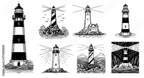 Illustrative Black and White Lighthouses Navigating Coastal Waters: Nautical Beacon Towers with Beams Guiding Ships Through Storms, Ideal for Maritime History, Travel, Safety, and Vintage Style, Decor