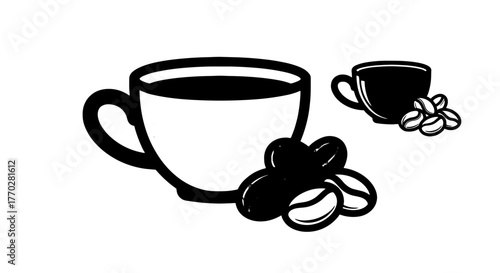 Aromatic Coffee Still Life with Beans: Morning Brew Delight, Modern Minimalist Cafe Culture Illustration for Restaurant Menu, Drink Presentation, Marketing,  Brochure, Website, Relaxed Breakfast Conce