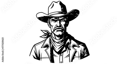 Intense Cowboy Portrait with Stern Gaze and Western Attire, Illustrating Frontier Grit and Determination in the Old West Era for Historical Presentations and Rugged Fashion Designs, Bold Black and Whi