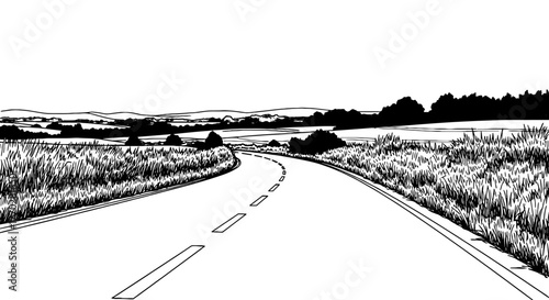 Rural Road Winding Through Countryside Landscape - Scenic Route for Travel and Tourism, Road Trip, Transportation, Journey, Adventure, Exploring the Outdoors - Vector Illustration, Roadway, Roadside,
