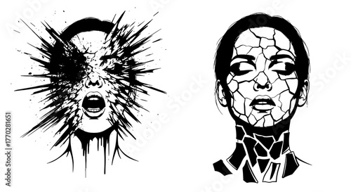 Emotional Turmoil and Fragility: Expressive Black and White Portraits Depicting Inner Conflict and Breakdown, Conceptualizing Mental Health Struggles, Artistic Expression, in Dramatic Style for Psycho
