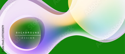 Abstract fluid shapes overlap green backdrop. Soft gradients create modern design element. Text reads background design.
