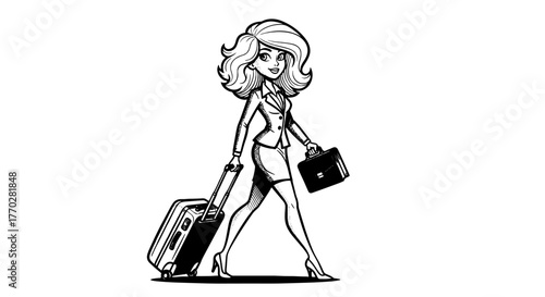 Stylish Businesswoman Traveling with Luggage and Briefcase: Modern Professional on Business Trip, Achieving Career Goals, In Transit for Corporate Meeting, Presentation, or International Commerce, Con