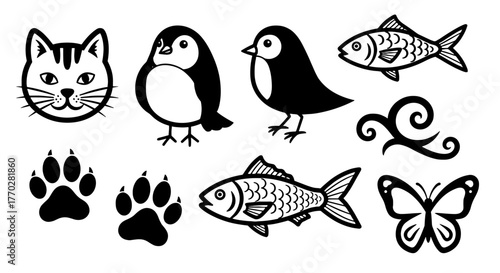 Assorted Animal Icons Illustration Set for Creative Projects: Collection of cute cartoon cat, penguin, bird, fish and paw print doodles in black and white for children's designs, pet industry marketin