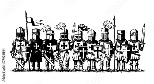 Crusader Knights Standing Guard Illustration: Medieval Warriors Armed with Swords and Shields in Formation - Historical Army Ready for Battle, Symbolizing Courage and Protection,  Vintage Graphic in B