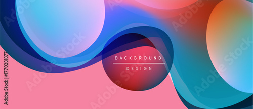 Abstract fluid shapes blend, creating vibrant color gradients. Pink, blue, orange hues dominate design. Modern, dynamic composition.