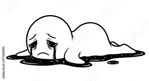 Sad Cartoon Blob Character Crying a Galaxy of Tears, Lying in a Cosmic Puddle of Stars and Space Dust, Expressing Grief and Sorrow in a Melancholy Scene for Emotional Expression, Illustration Art for