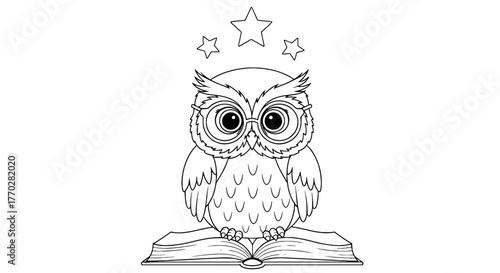 Wise Owl Reading a Book Under Stars Illustration - Education Concept for Children's Books and Learning Materials, Line Art Design with Glasses, Scholarly Bird for Schools and Libraries (199/200 chars)