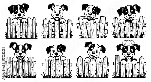 Adorable Puppy Pups Peeking Over Fences Illustration: Playful Cartoon Dogs in a Whimsical Yard Setting, Perfect for Children's Books, Veterinary Clinics, Pet Stores, Greeting Cards & Animal-Themed Des