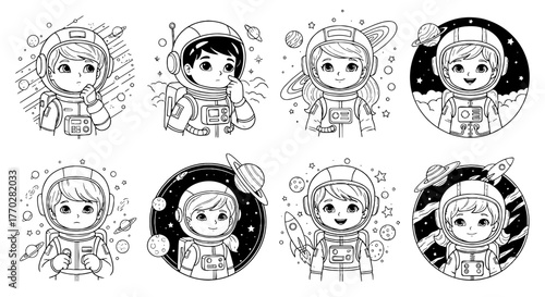 Child Astronauts Exploring Space: A Collection of Cute Kids in Spacesuits Among Planets, Stars, and Rockets, Dreaming of Cosmic Adventures for Education, Science, Coloring Books, and Imaginative Proje