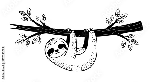 Cute Sloth Hanging on Tree Branch in Forest: Playful Cartoon Illustration for Children's Education and Nature Conservation, Perfect for T-shirts, Posters, and Relaxing Lifestyle Designs, Simple Black