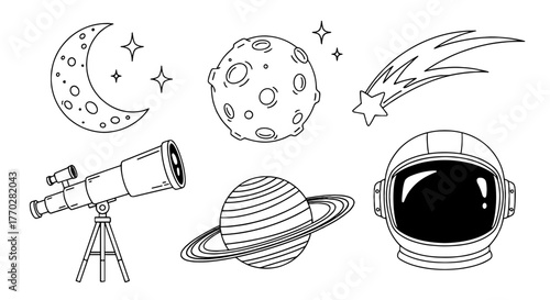 Exploring Outer Space: A Hand-Drawn Space Exploration Themed Line Art Illustration Featuring an Astronaut Helmet, Telescope, Saturn, Moon, Comet, and Planet for Educational Projects, Science, and Spac
