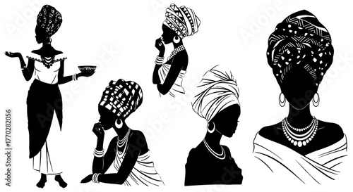 Elegant African Women Silhouettes Posing Gracefully with Traditional Headwraps and Jewelry, Isolated on White Background, Showcasing Cultural Heritage and Beauty in a Modern Artistic Style for Fashion