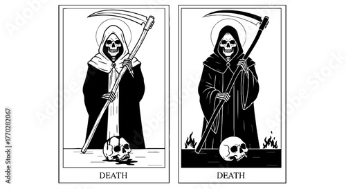 Grim Reaper Illustration Set: Mystical Death Card Depictions in Black and White – Symbolic Occult Art for Tarot, Halloween, & Gothic Themes, Featuring Skeleton Figure Holding Scythe with Skull for Hor