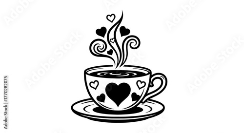 Romantic Coffee Cup with Heart Accents Steaming on Saucer, Valentine's Day Celebration in Monochrome Style, Vector Design Ideal for Cafe Menu Illustration, Love Theme, Tea Time, Decorative Art, Modern