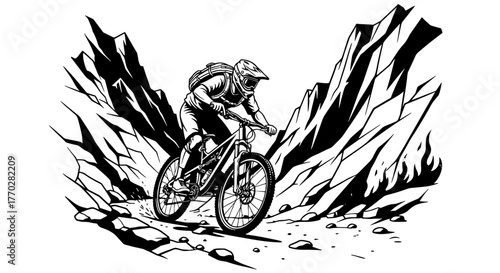 Mountain Biker Riding Downhill on Rocky Trail in Extreme Terrain Adventure Landscape,  Illustrating Physical Challenge & Outdoor Sports, Ideal for Adventure Tourism Marketing & Lifestyle Promotion wit