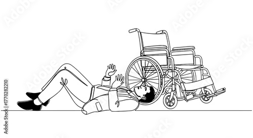 Injured Man Fallen From Wheelchair Lying On Floor: Disability Accident, Healthcare Crisis, Rehabilitation Support, Injury Recovery, Patient Assistance, Medical Emergency, Hospital, Isolated, Line Art