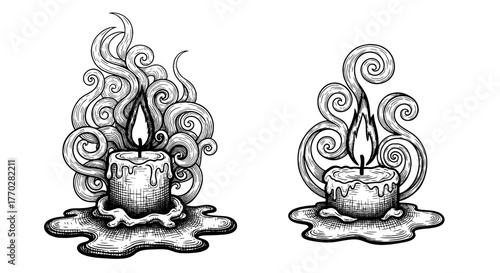 Vintage Candle Illustration Set Evoking Nostalgia with Intricate Hatching, Symbolizing Remembrance and Reflection in Hand-Drawn Detail, Ideal for Occult Themes, Witchcraft Imagery, and Gothic Designs,