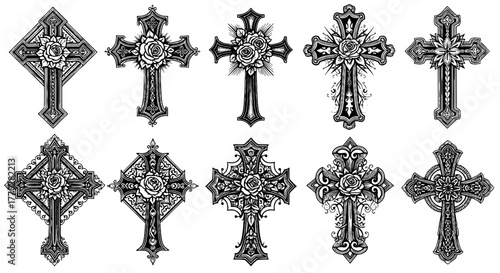 Ornate Christian Crosses Collection Engraved for Religious Symbolism and Graphic Design Projects, Ideal for Church Artwork, Memorials, Gothic Designs,  Vintage Spiritual Decor, and Faith Based Marketi
