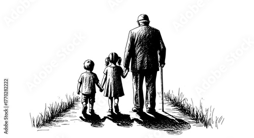 Grandfather Walks with Grandchildren: A Touching Generational Connection, Exploring Family Legacy, Inheritance, and Guidance in a Timeless Landscape. Sketch Illustration Reflecting Heritage, Childhood