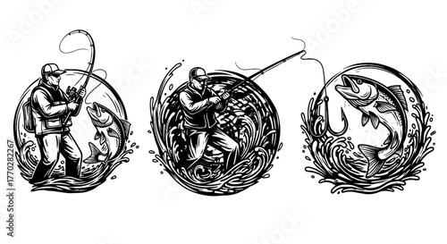 Fishermen Catching Fish Triumphant in Rushing Water: Sport Fishing Adventure, Outdoor Hobby, Line Art Logos for Angling Club, Recreation, Vintage Style Illustration for T-Shirt Design, Badge, Sticker,