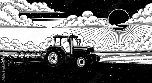 Tractor Plowing Farm Field at Night Under Moody Sky, Agriculture Landscape, Cultivating Soil for Planting Crops Illustration, Dark Environment, Rural Scene, Farm Equipment, Farming & Harvesting, Graph