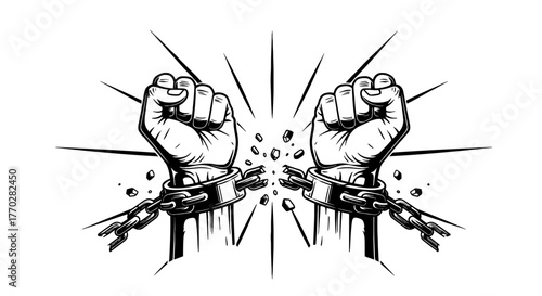 Breaking Free: Two Fists Crushing Shackles, Symbolizing Liberation and Empowerment Against Oppression in a Bold Black and White Graphic Illustration Style, Ideal for Social Justice Campaigns, Politica