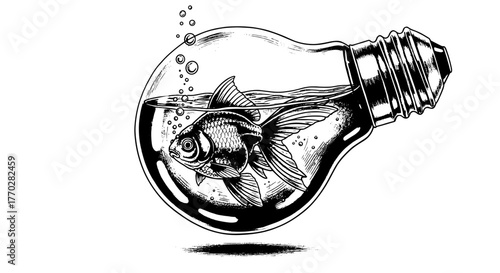 Goldfish Swimming Freely Inside a Light Bulb Aquarium Illustrating Innovation and Unconventional Thinking, Idealism, Creativity, Black and White Line Art for Business,  Technology, Presentations, Adve