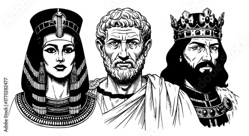 Ancient Rulers Portrayed in Classic Black and White Illustration, Featuring Cleopatra, Greek Philosopher, and Medieval King, Embodying History, Leadership, and Power for Educational Resources, Documen