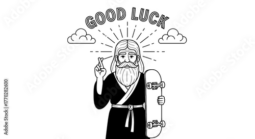 Zen Master Skateboarder with Crossed Fingers Offering Good Luck: Meditative Figure Holding Skateboard, Wishing Success for Extreme Sports, Business Ventures, New Opportunities, Illustration Style with