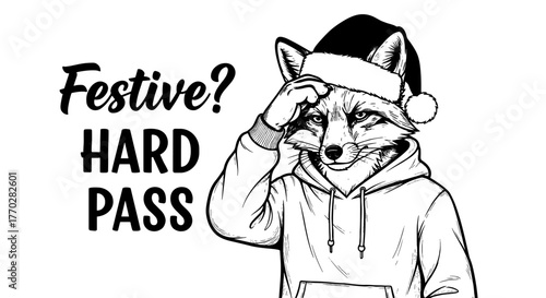 Fox Character Rejecting Festive Season in Graphic Illustration Wearing Santa Hat and Hoodie – Line Art Design for Holiday Marketing, Advertising, and Social Media Content with a Skeptical Mood, Animal