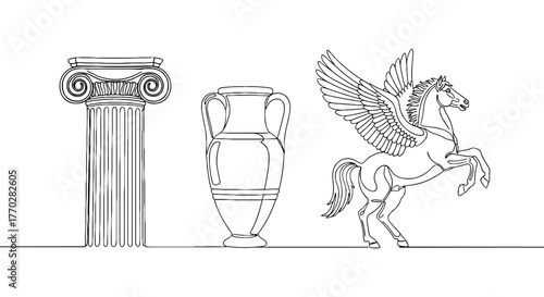 Classical Pegasus Statue with Ionic Column and Amphora Vase on Horizon Depicting Ancient Greece Mythology, Art History and Timeless Culture, Illustrative Design for Education, Museums & Decorative Use