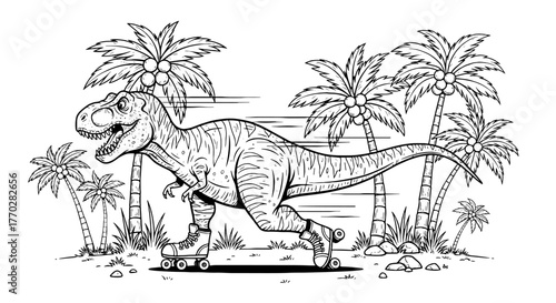 Tyrannosaurus Rex Roller Skating Through a Tropical Palm Tree Landscape: Whimsical Cartoon Illustration for Children's Books, Educational Materials, and Creative Projects (Line Art Style)