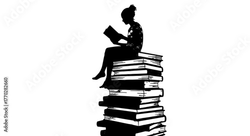 Silhouette of a Young Woman Reading Book on Stack of Books - Education and Knowledge Concept in Library or Study - Black and White Illustration for Learning, Imagination, and Academic Achievement, Per