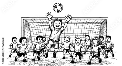 Enthusiastic Young Soccer Team Playing Game on Grassy Field with Goalie Catching Ball in Front of Goal, Cheering and Celebrating Victory, Youth Sports Activity for Training, Exercise, Fun, Recreation,
