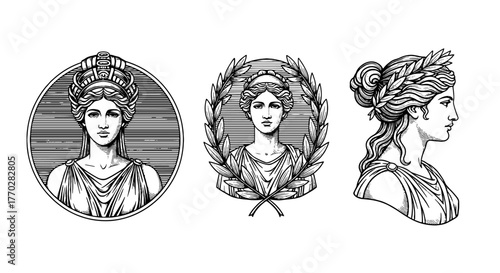 Ancient Goddesses Engravings: Classic Greco-Roman Figures in Detailed Illustrations – Vintage Style Symbols for Mythology, History, and Cultural Design Projects, Ideal for Elegant Marketing, Education