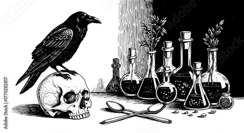 Intricate Ink Drawing of a Raven Perched on Skull Among Alchemy Bottles in a Witch's Lair, Creating Mystical Potions and Elixirs for Halloween Illustrations and Occult Practices, Dark and Moody Decor,