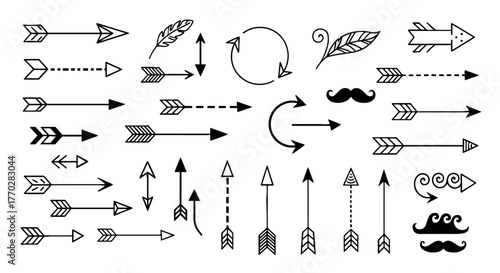 Collection of Hand-Drawn Arrows and Ornaments for Graphic Design Projects: Stylish Doodle Set for Presentations, Websites, Marketing Materials, Invitations and More with Arrowhead, Feather, and Swirl