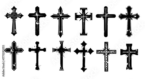 Set of Ornamental Grunge Crosses for Religious Design Projects, Vintage Christian Symbols for Church Decoration, Faith and Spirituality, Ideal for Gothic Presentations, Tattoo Art, and Easter Holiday